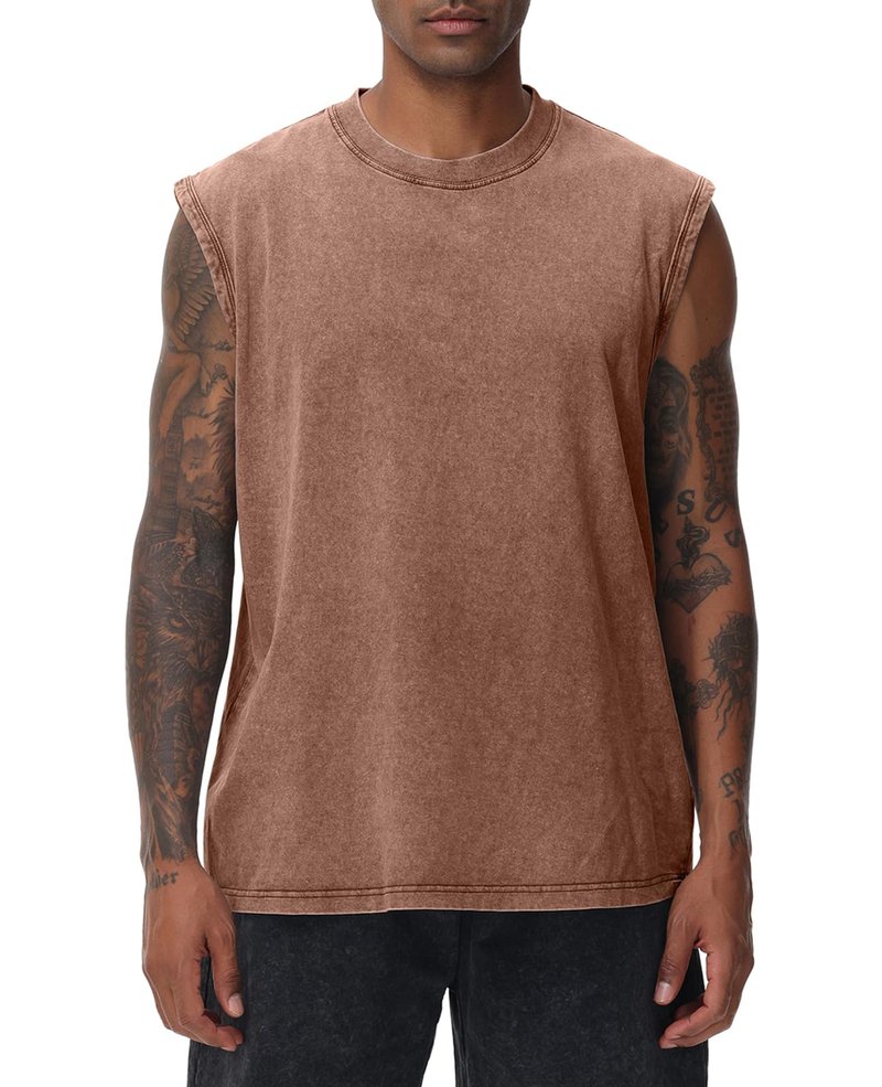 Mens Workout Tank Tops Sleeveless Tee Shirts Men Muscle Shirt Gym Acid Wash T Shirts Running Beach Loose Fit Tee(CF,3XL) Coffee