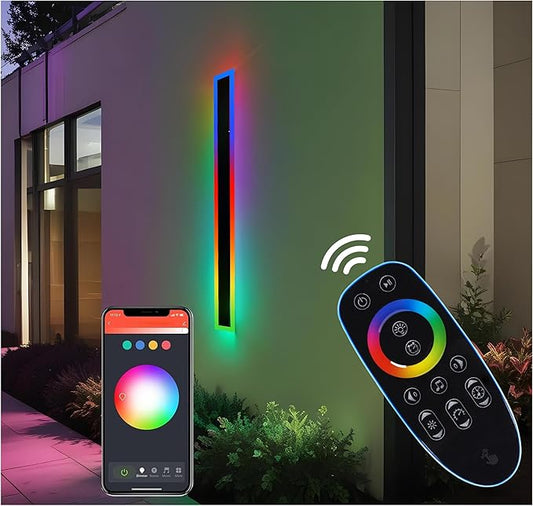 23.6’’ Upgraded Modern RGB Wall Lights – Indoor/Outdoor LED Wall Sconce with Remote & App, Cool/Warm White, Party Mode, IP65 Waterproof & Rustproof – for Home, Business, or Gaming Spaces