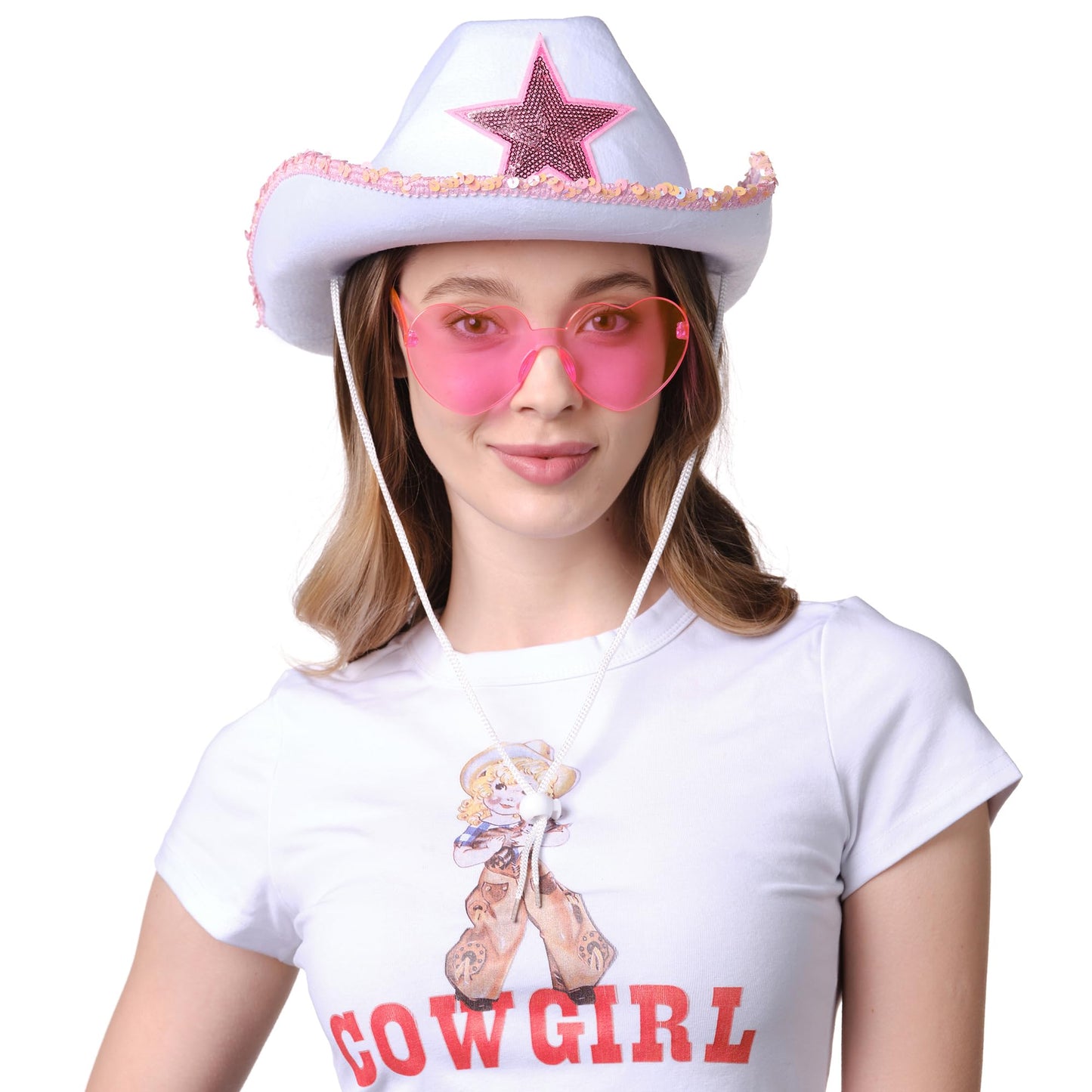 Funcredible White Cowboy Hat and Glasses - Preppy Cowgirl Hat with Star - Sparkly Cowboy Hats - Cowgirl Outfit Accessories for Women and Girls