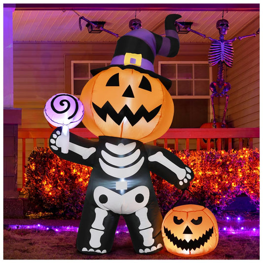 GOOSH 6 FT Halloween Inflatable Pumpkin Skull Body Outdoor Decorations Blow Up Yard Pumpkin with Built-in LEDs for Garden Lawn Party Decor