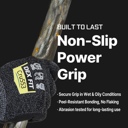 DEX FIT Level 5 Extreme Cut Resistant Gloves Cru553, Non-Slip Power Grip, Professional Grade 3D Comfort Fit, Thin & Lightweight, Breathable, Touchscreen Compatible, Itch-Free; Black Grey M 1 Pair