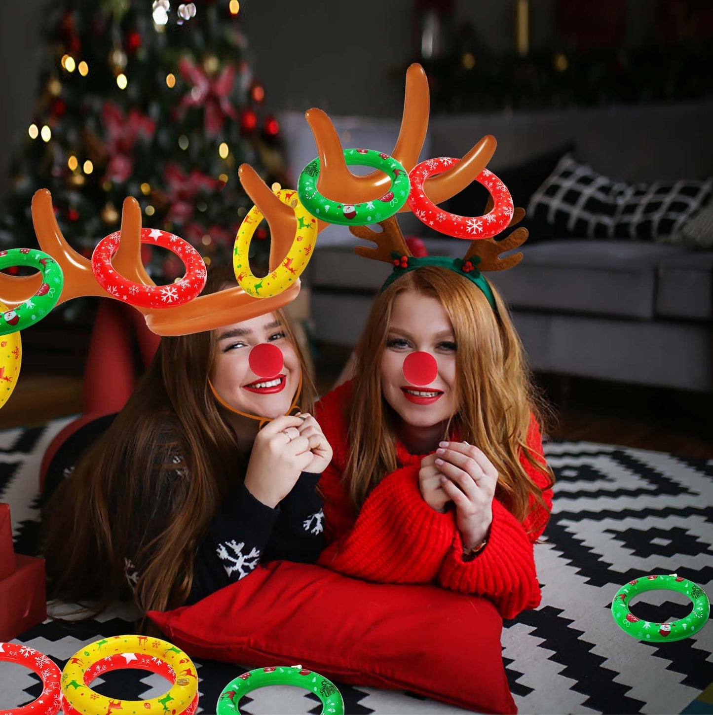 Christmas Inflatable Reindeer Antler Ring Toss Game 2 Sets, 2024 Christmas Games Party Supplies for Family Party (2 Antlers 12 Rings)