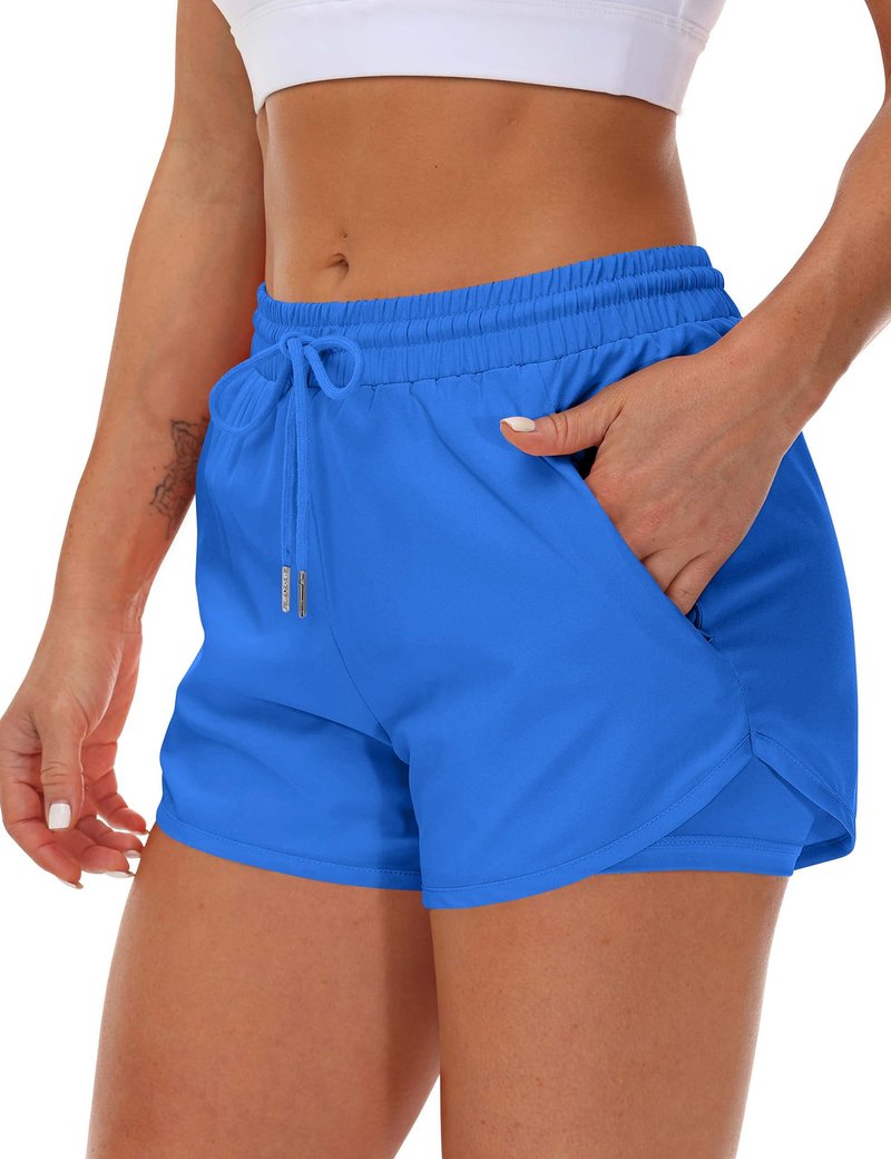 Mancreda Women's Running Shorts with Liner 3 Zipper Pockets Elastic Workout Athletic Gym Yoga Shorts(RB,L)