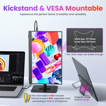 Portable Monitor 15.6" FHD 87% sRGB 60Hz IPS HDR HDMI USB-C Travel Monitor for Laptop MacBook PC Surface PS5 Xbox, External Display with Kickstand & Speakers, VESA Compatible