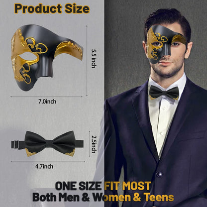 HyperFun Mens Masquerade Mask Phantom of The Opera Half Face Mask with Bowtie, Vintage Venetian Masks for Halloween Costume Party (Black Poets)