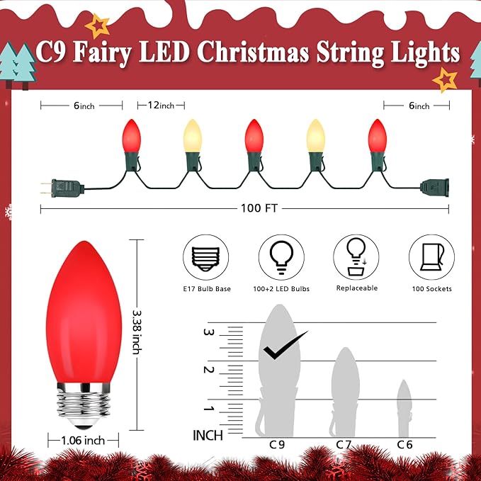 C9 Christmas Lights Outdoor, 100FT 100LED string Lights Waterproof Shatterproof, Extendable C9 Xmas Lights, Indoor Outdoor Christmas String Light for House Roof Patio Garden Party(Red & Warm White)
