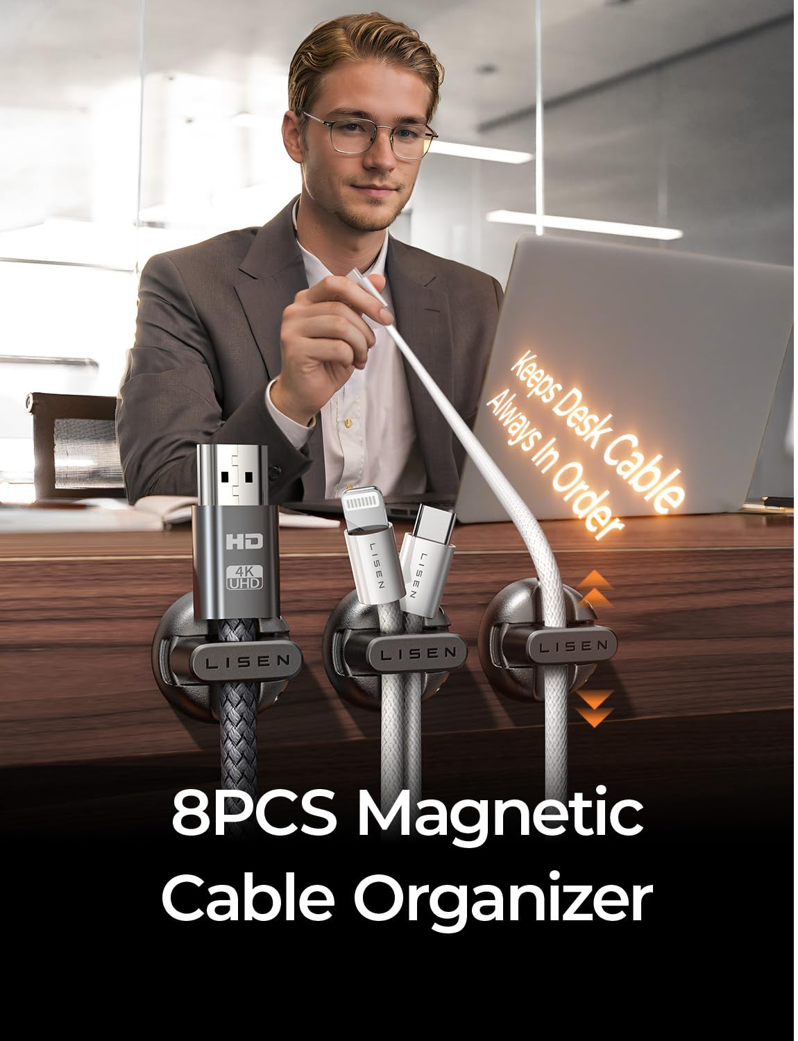 8-Pack Magnetic Cable Clips [1S Snap-On] Cord Holder, LISEN Office Desk Organizers and Accessories with 4 Extra Strong Adhesive Pads, Wire Organizer for Nightstand, Home, Wall, Car, Desktop