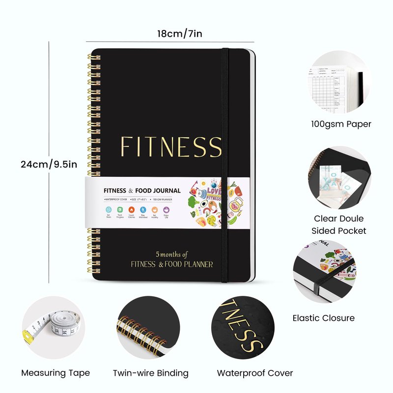 Fitness Journal for Women & Men, Food & Workout Journal Planner Log Book with Measuring Tape, Undated Wellness Planner to Track Weight Loss, Muscle Gain, Home Gym Exercise, Daily Nutrition, 9.5" x 7"