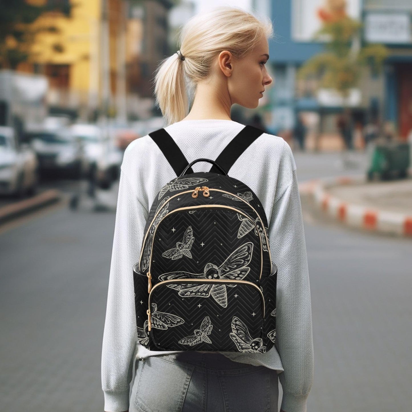 Sletend Mini Backpack Gothic Skull Butterfly Moth Fashion Backpack Purse for Women,Handbag Shoulder Bag Casual Daypack, Ladies Gift for College Work (S)