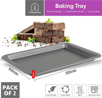 ThingsPlus Set of 2 Baking Trays for Oven Non Stick, Premium Carbon Steel Oven Trays Non Stick with Teflon Coating, Durable & Easy-Clean NonStick Baking Tray Set for Cookies & Savories (32x22x2cm)