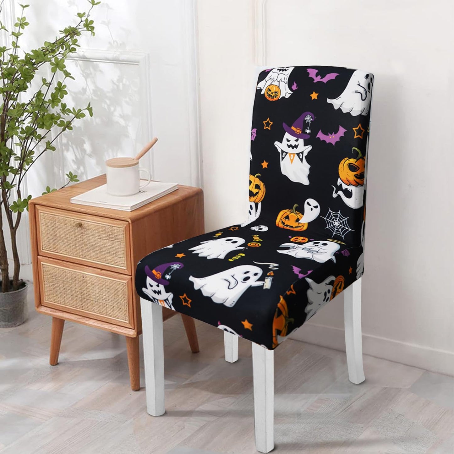 qwpmvhsak Halloween Chair Covers Set of 6, Cute Pumpkin Ghost Dining Chair Protectors, Black Elastic Removable Washable Dining Chair Covers, Suitable for Halloween Kitchen Restaurant Holiday Decor