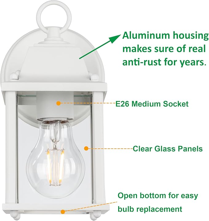 LIT-PaTH Outdoor Wall Lantern, Wall Sconce as Porch Lighting Fixture, E26 Base, Aluminum Housing Plus Glass, Water-Proof and Outdoor Rated, ETL Qualified, 1-Pack, White