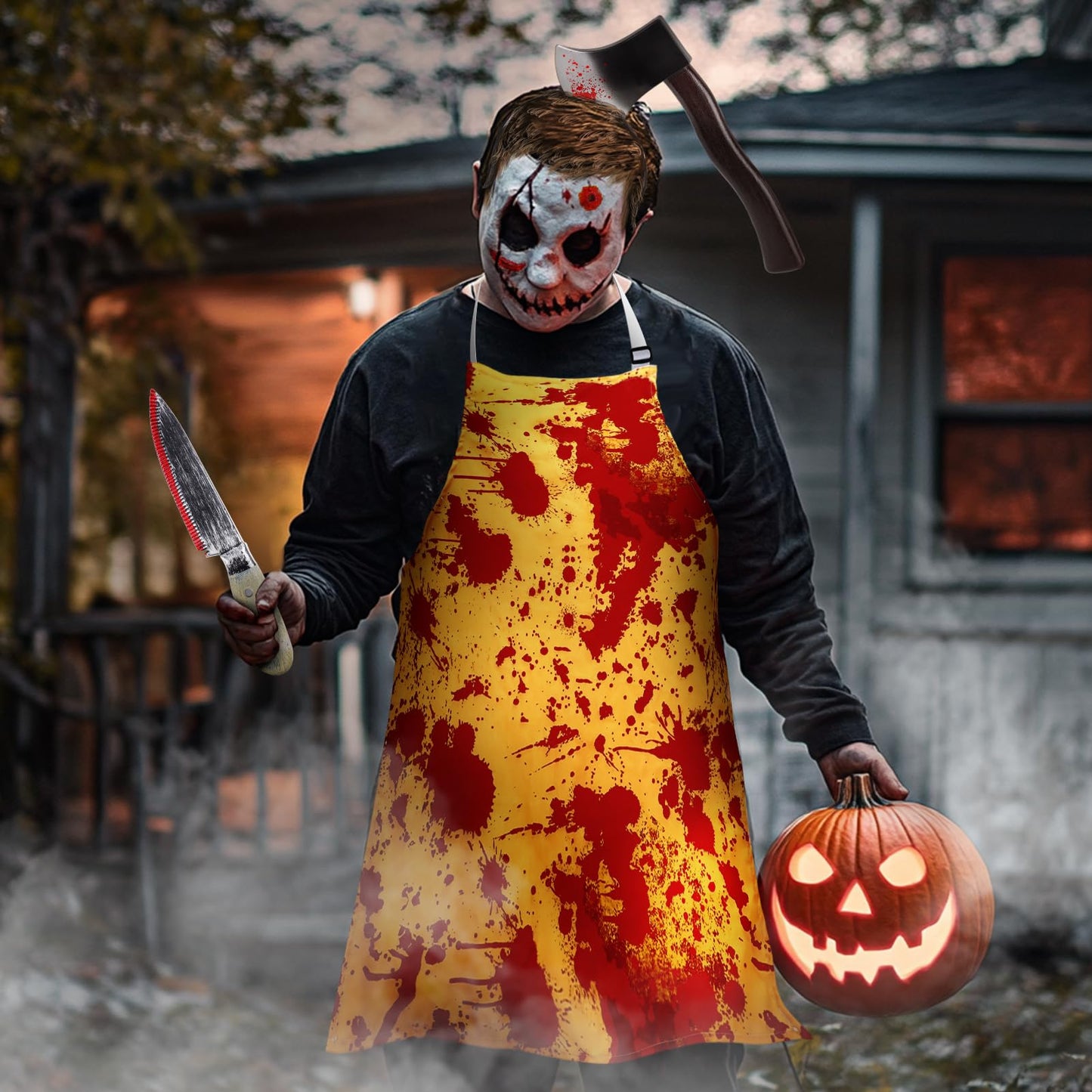 Halloween Bloody Butcher Costumes Set- Waterproof Bloody Apron with Axe Headband Butcher Knife Temporary Tattoos, Terrifying Role Play for Men Costume Party Carnival Prop Accessories (Yellow)