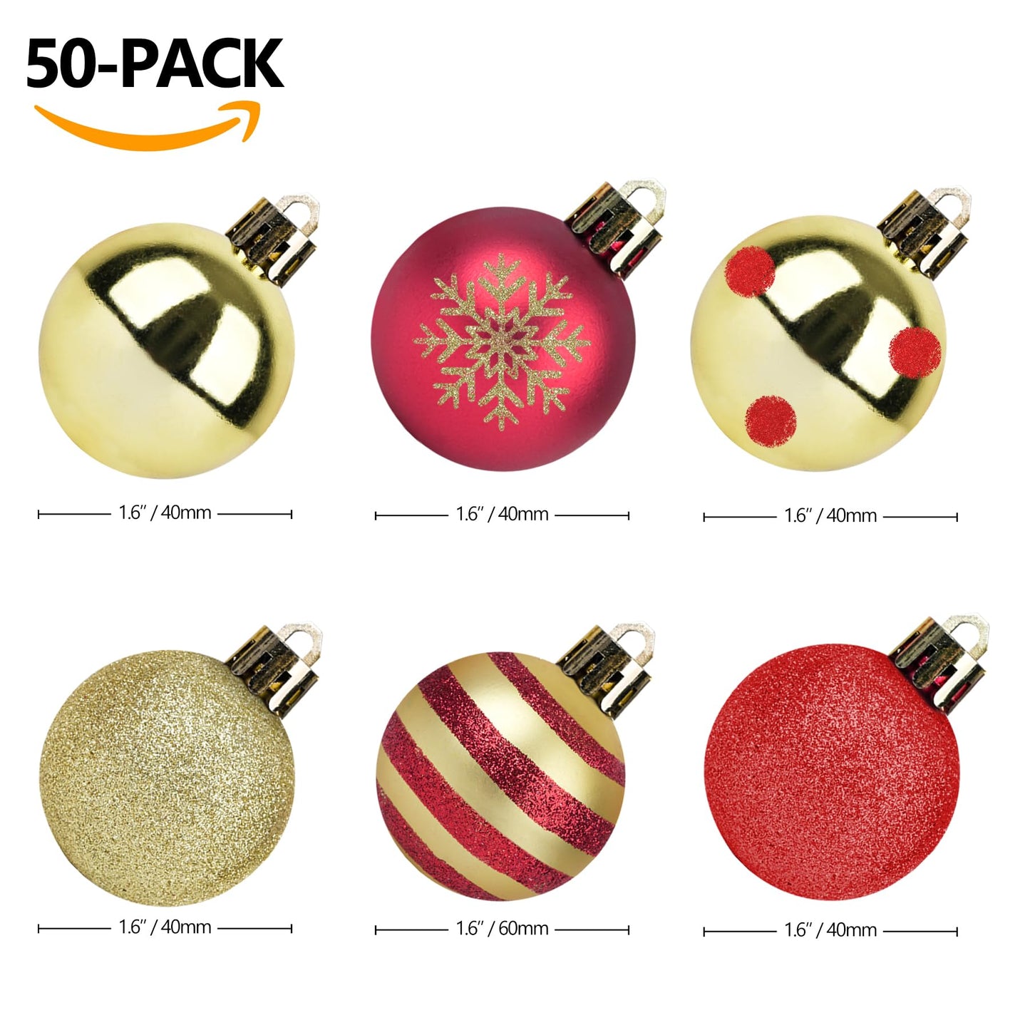 50pcs Christmas Balls 4cm / 1.6" Christmas Tree Hanging Ornaments Xmas Ball Decoration for Xmas Tree Wreath Garland, Red and Gold