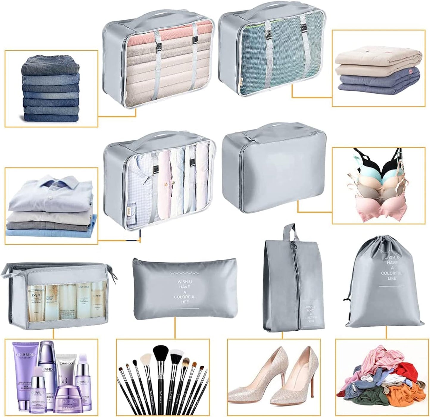 Packing Cubes for Suitcase - GEEDIAR 11 PCS Packing Cubes Travel Luggage Organizers Bag Waterproof Travel Essentials Bag Clothes Shoes Storage Bags（Grey）