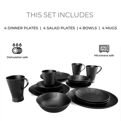 Nomnu Spiderweb Dinnerware Set (16 Pieces) - Goth Dinnerware Set - Black Matte Porcelain - 4 Dinner Plates 4 Salad Plates 4 Bowls 4 Mugs - Halloween Spooky Dishes Gothic Kitchen Decor Gifts