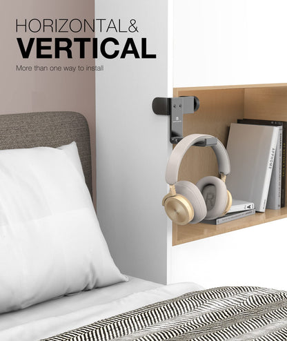 APPHOME Foldable Headphone Stand Hanger Holder, Space-Saving Aluminum Soundbar Stand with Universal Fit for Gaming PC Accessories, Under Desk Clamp Hook Mount (Black-2PC)