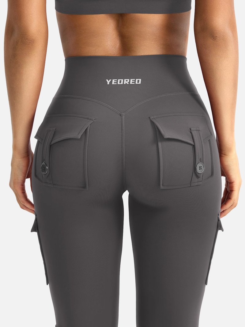 YEOREO CoreFlex Women Workout Flare Leggings with Pockets Hidden Scrunch High Waisted Cargo Gym Yoga No Front Seam Leggings Dark Grey M