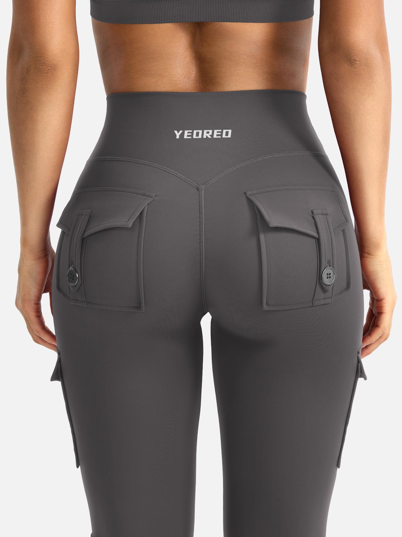 YEOREO CoreFlex Women Workout Flare Leggings with Pockets Hidden Scrunch High Waisted Cargo Gym Yoga No Front Seam Leggings Dark Grey XL