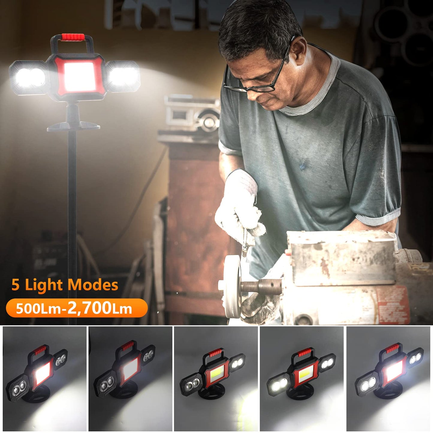 SYLSTAR Rechargeable Work Light, 25W 2700LM COB LED Magnetic Light with USB Power Bank Function, Rotatable Portable Flood for Construction Site, Garage, Workshop, Car Repairing, Black, (ST2700)
