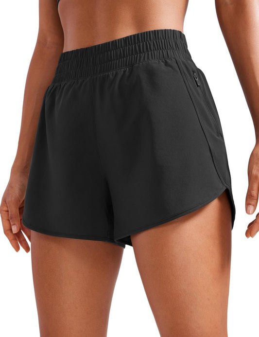 CRZ YOGA Dolphin Athletic Shorts for Women 3" - High Waisted Quick Dry for Running Workout Gym Track with Zip Pocket Black Medium