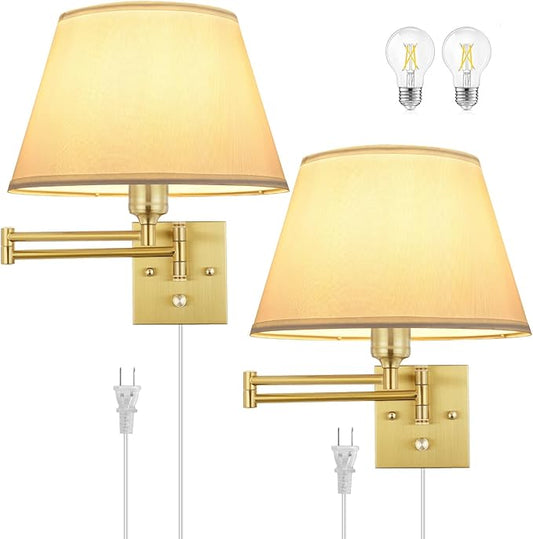 TRLIFE Dimmable Wall Sconce Plug in, Brushed Brass Wall Sconces Set of 2 Swing Arm Wall Lights with Plug in Cord and Dimmer On/Off Knob Switch, 11.8" Large White Fabric Shade(2 LED Bulbs Included)