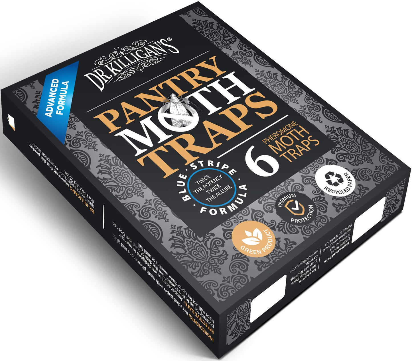 Dr. Killigan's Premium Double Potent Pantry Moth Traps with Pheromones Prime, Sticky Indian Meal Moth Traps for Kitchen, How to Get Rid of Moths in House, Organic Moth Pheromone Traps (6 Pack, Black)