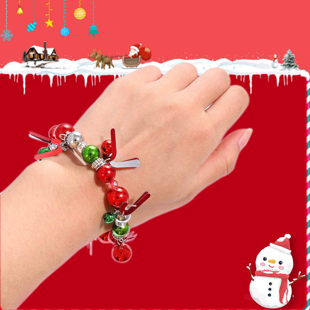 HEIDKRUEGER 3pcs Christmas Jingle Bell Bracelets Xmas Multi Color Beaded Charm Stretch Bracelet Christmas Holiday Party Favors for Women Jewelry Gift