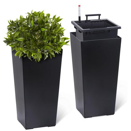 Set of 2 Tall Planters for Outdoor Plants, 22.5" Large Planter Pots with Drainage Holes & Water Level Monitor, Self-Watering Flower Pots for Patio, Porch, Garden, Front Door Decor, Indoor Outdoor