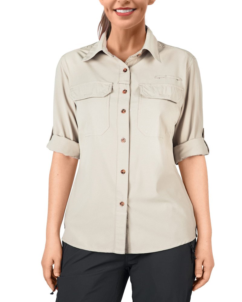 33,000ft Women's UPF 50 UV Sun Protection Shirt, Cool Quick Dry Long Sleeve Outdoor Fishing Hiking Safari Travel Shirt Light Khaki