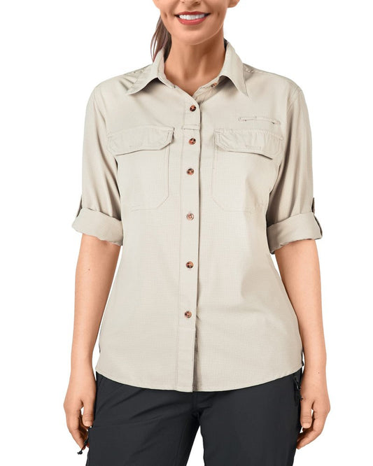 33,000ft Women's UPF 50 UV Sun Protection Shirt, Cool Quick Dry Long Sleeve Outdoor Fishing Hiking Safari Travel Shirt Light Khaki