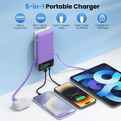 Portable Charger for iPhone with Built in Cables and Wall Plug,Upgraded 13800mAh Fast Charging USB C Power Bank,4 Outputs Travel Essential Battery Pack Compatible with iPhone 15/14/13,Samsung-Purple