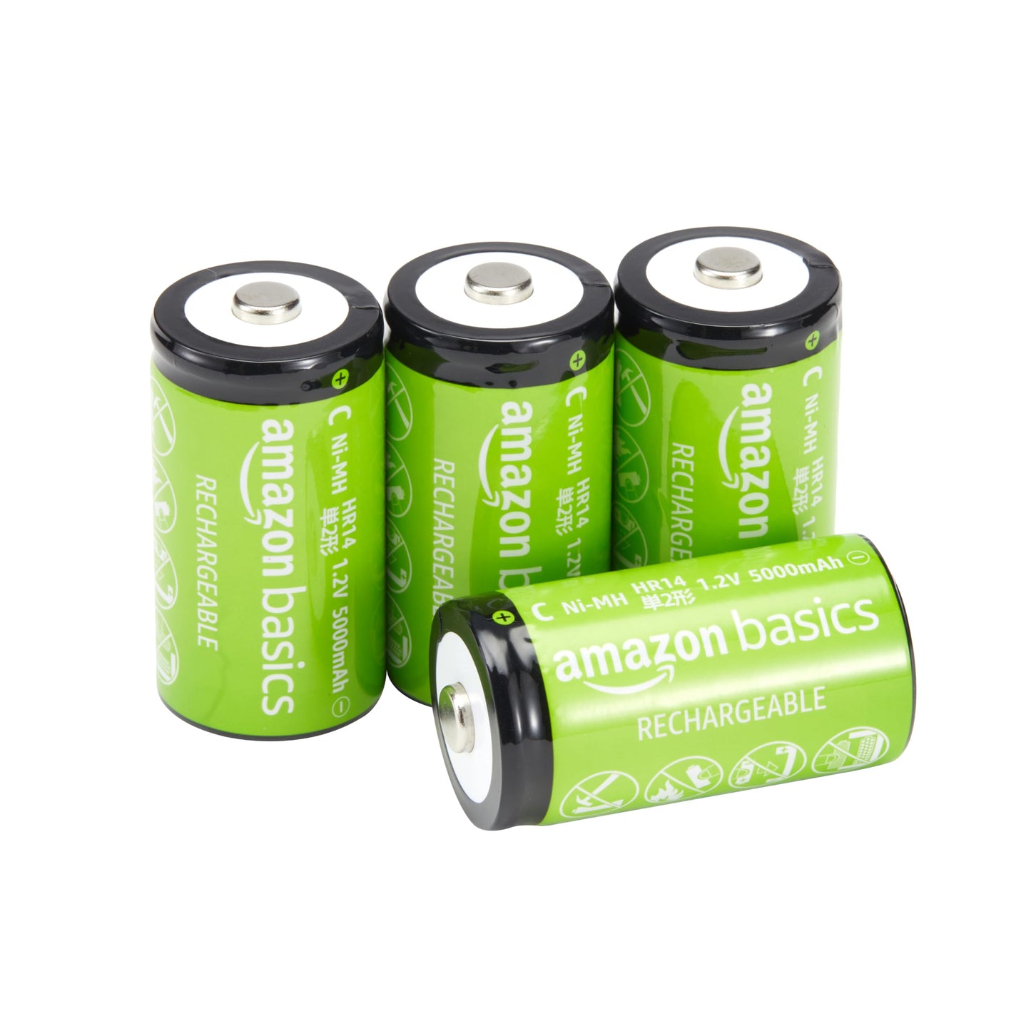 Amazon Basics Rechargeable C Cell Batteries, 4-Pack, NiMH, 5000 mAh, Recharge up to 1000x Times, Pre-Charged