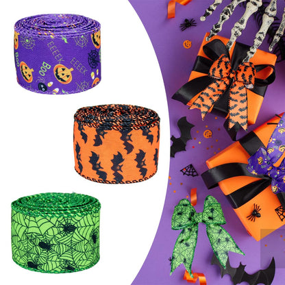 3 Rolls Halloween Wired Edge Ribbon 9.9 Yard Bat Spider Web Skull Pumpkin Printed Ribbons Wrapping Ribbon for Halloween Party Decoration Wreath DIY Craft(Purple,Green,Orange)