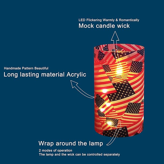 Flickering Flameless Candles Stars and Stripes Print US Flag, Embedded Star String Lights, Battery Operated Acrylic LED Pillar Candles with 11-Key Remote and Timer for Home Decoration, 3 Pack