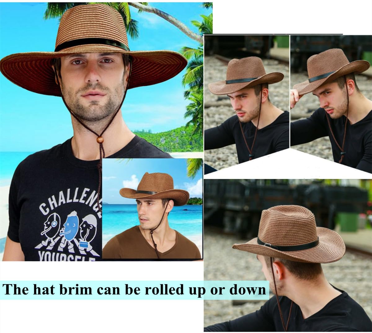 Straw Cowboy Hat for Women Men Classic Western Cowgirl Cap Foldable Sunhat Shapeable Fedora Panama Cap Wide Brim Beach Hat Coffee