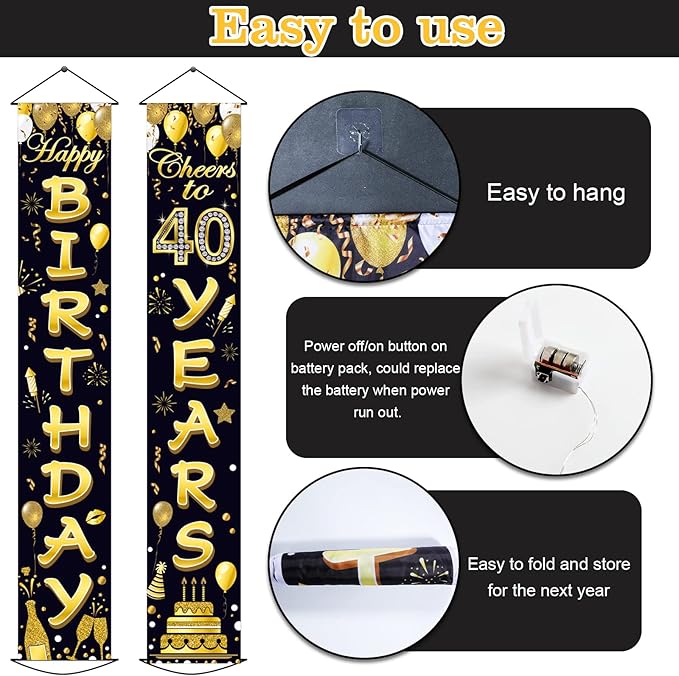 40th Birthday Party Banner Lighted Decorations for Women Men 40 Year Old Lighted Door Banners Black Gold Cheers to 40 Years 1985 Birthday Party Supplies Porch Sign with LED Light for Outside Decor