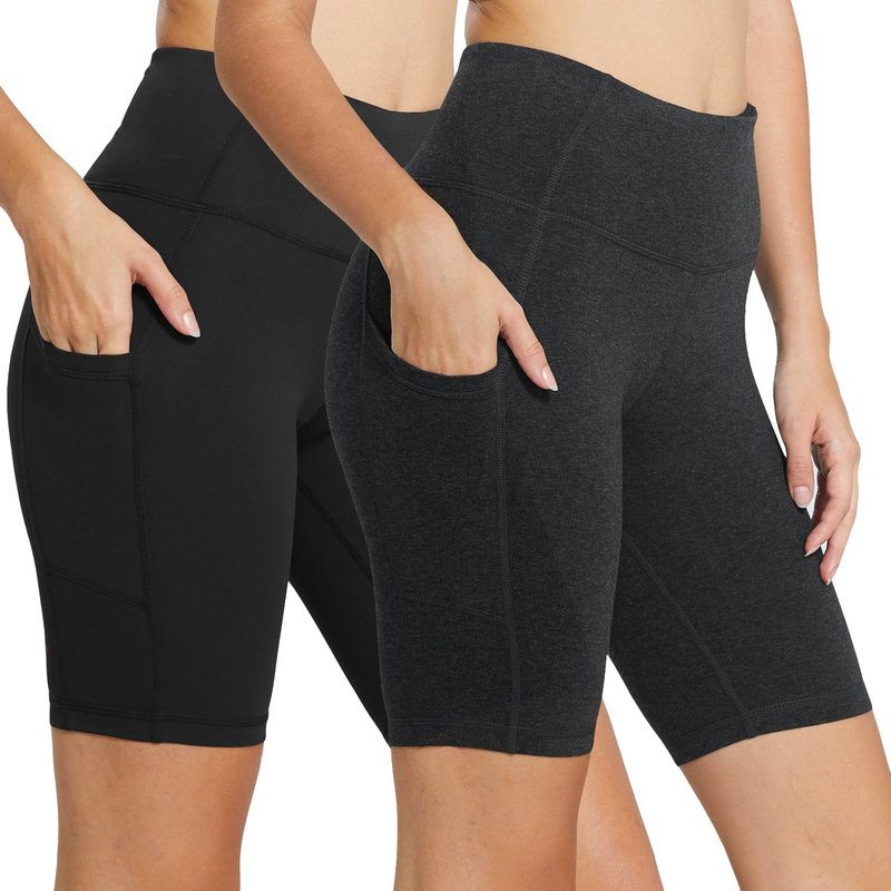 baleaf Biker Shorts Women Yoga Gym Workout Spandex Running Volleyball Tummy Control Compression with Pockets 8" 2-Pack Black/Charcoal M