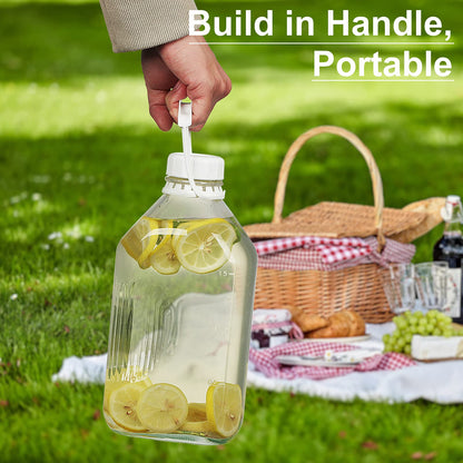3 Pack 2 Qt Glass Water Bottles with Handle and Airtight Reusable SCREW LID - 64 Oz Juice Jugs, 1/2 Gallon Glass Milk Container for Fridge, Breast Milk Jug Pitcher with Scales, Extra Lids & Handles