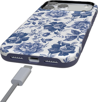 Casely iPhone 17 Pro Max Case | Rose to Fame | Blue & White Rose Floral | Compatible with MagSafe | Bold Protective Design