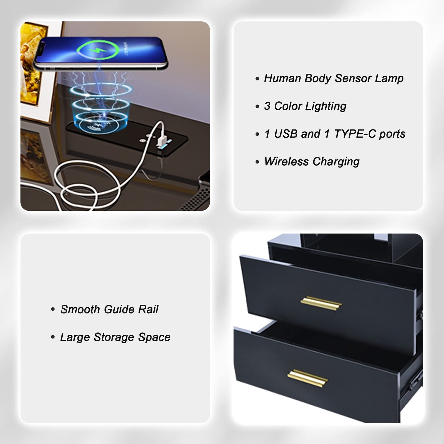HNEBC Auto LED Nightstand with Wireless Charging Station & USB Ports,High Gloss Bedside Tables with 2 Drawers,Floating Nightstand with 3 Color & Adjustable Brightness Embedded LED Light Strip