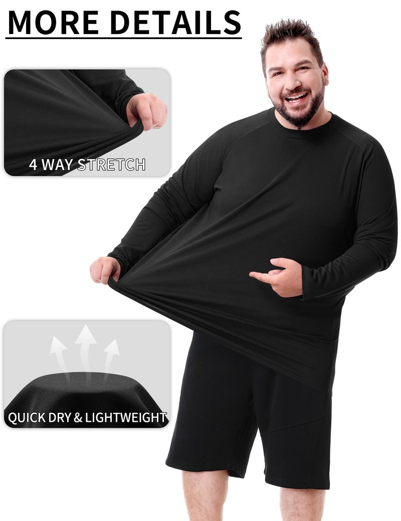 Mens Big and Tall Long Sleeve Swim Shirt Sun Protection UPF 50+ Rash Gard Quick Dry T-Shirt Black