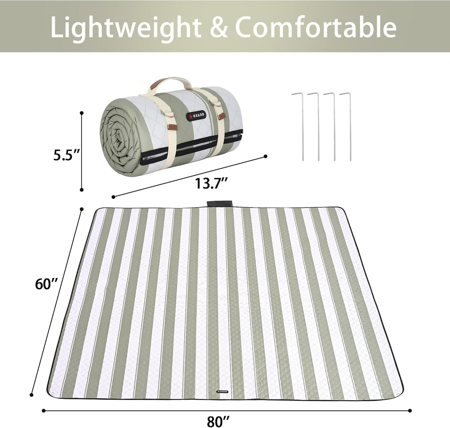 HX&OD Outdoor Picnic Blanket Extra Large, 80''*60'' Waterproof Picnic Mat with Stakes Foldable Camping Blanket Portable with Carry Strap for Beach Mat (Green& White, 80''*60'')