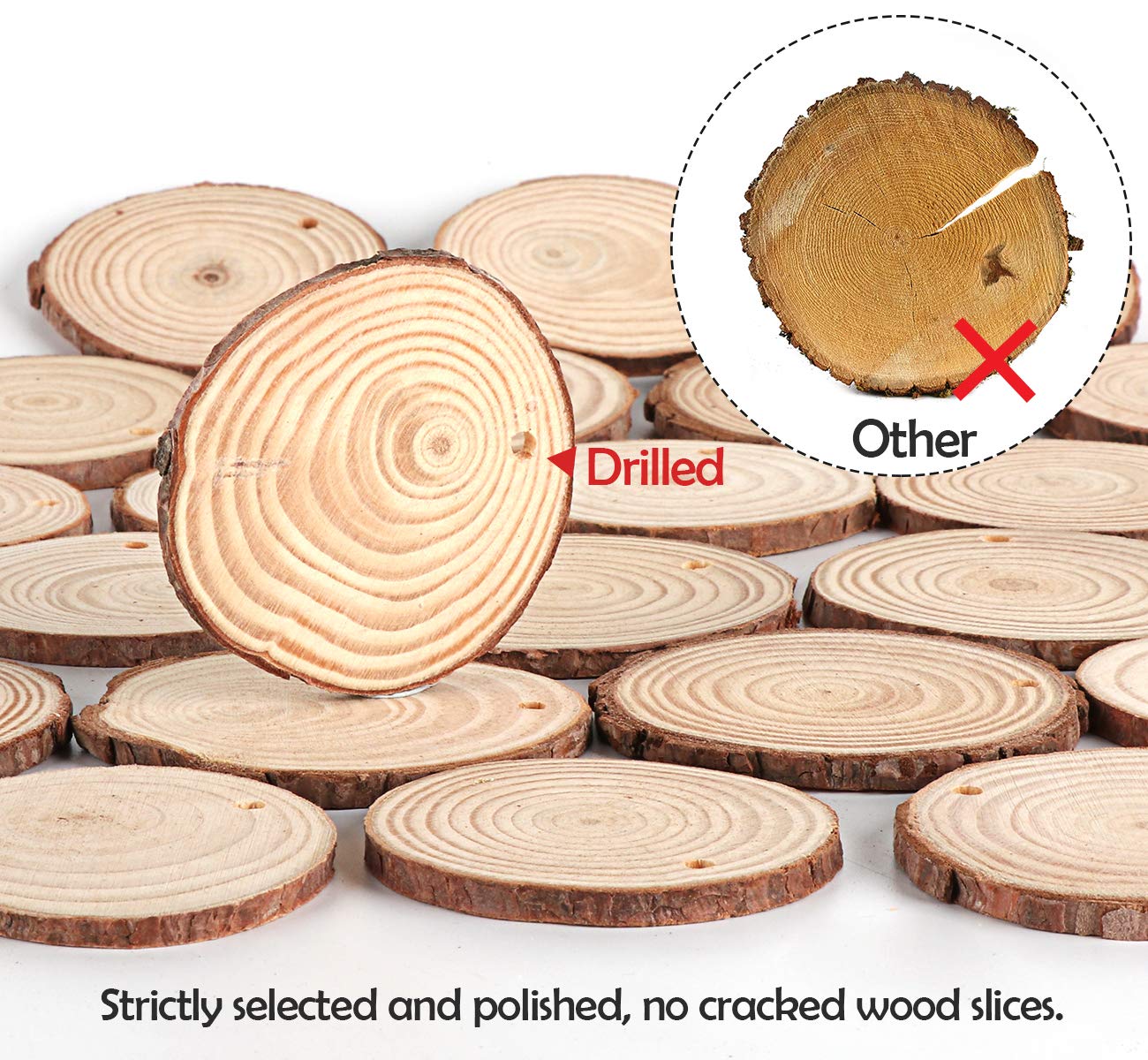 50Pcs Wood Slices 2.4"-2.8" Unfinished Wood Rounds with Pre-drilled Hole and 66Feet Twine String, Natural Wood for Crafts for Home Decor Painting DIY Christmas Ornaments Party Wedding Decor