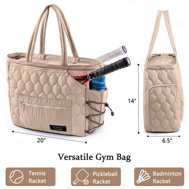 SPORJET Tennis Gym Bag for Women, Tennis Bag Holds 2-4 Rackets with Shoe Compartment & Wet Pocket, Sports Duffle Bags fits up to 15.6" Laptop, Quilted Travel Overnight Weekend Bag, Tennis Gift