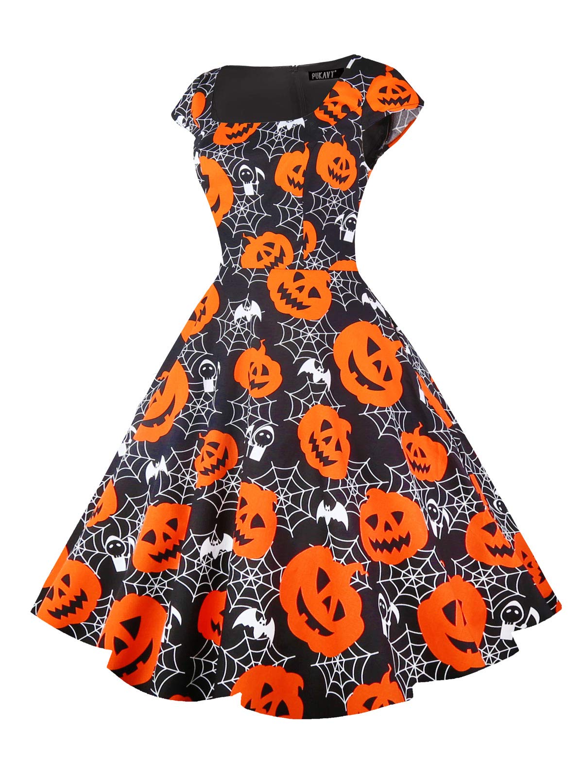 PUKAVT Women's Cocktail Party Dress Cap Sleeve 1950 Retro Swing Dress with Pockets Pumpkin 2XL