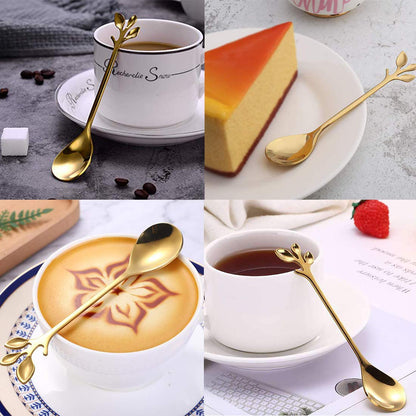AnSaw Elegant Gold Leaf Coffee Spoons - 10-Piece, 4.7" Mini Stainless Steel Espresso & Dessert Tea Spoons, Perfect for Demitasse & Small Servings
