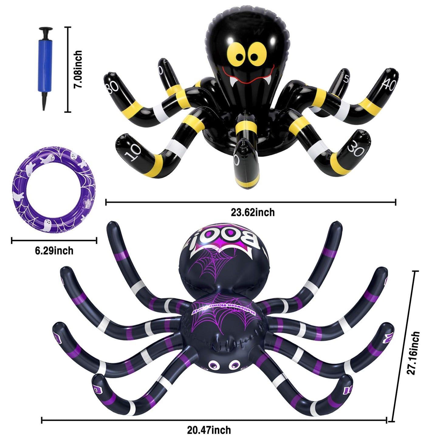 Max Fun Halloween Ring Toss Games for Kids, 2 Pack Inflatable Spiders Set Halloween Party Favor Supplies Holiday Carnival School Decoration Outdoor Indoor Spooky Creepy Game