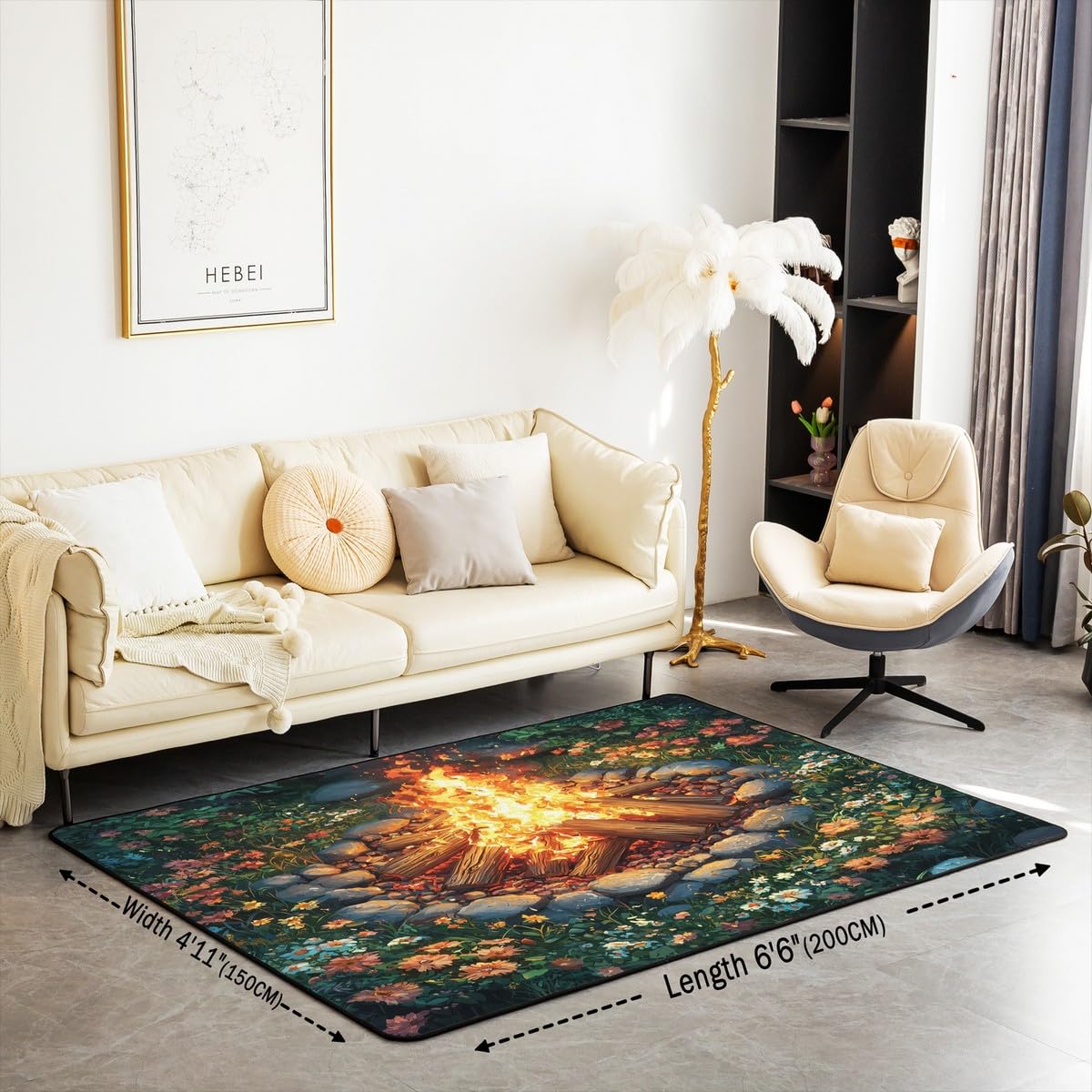 Campfire Decorative Rug 5x6'6'',Happy Camping Indoor Floor Mat for Playroom Bedside Sofa Bedroom,Tree Stump Woodland Campsite Non Shedding Carpet for Outdoor Adventure RV Car