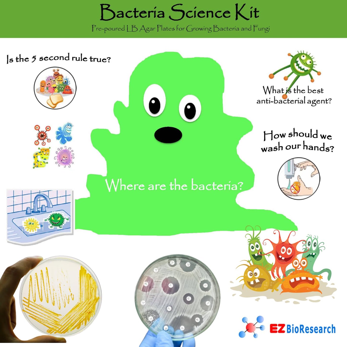 EZ BioResearch Bacteria Science Kit (IV) (Gift Pack): Prepoured LB-Agar Plates and Cotton Swabs. Exclusive Free Science Fair Project E-Book Packed with Award Winning Experiments. (IV Gift Pack)